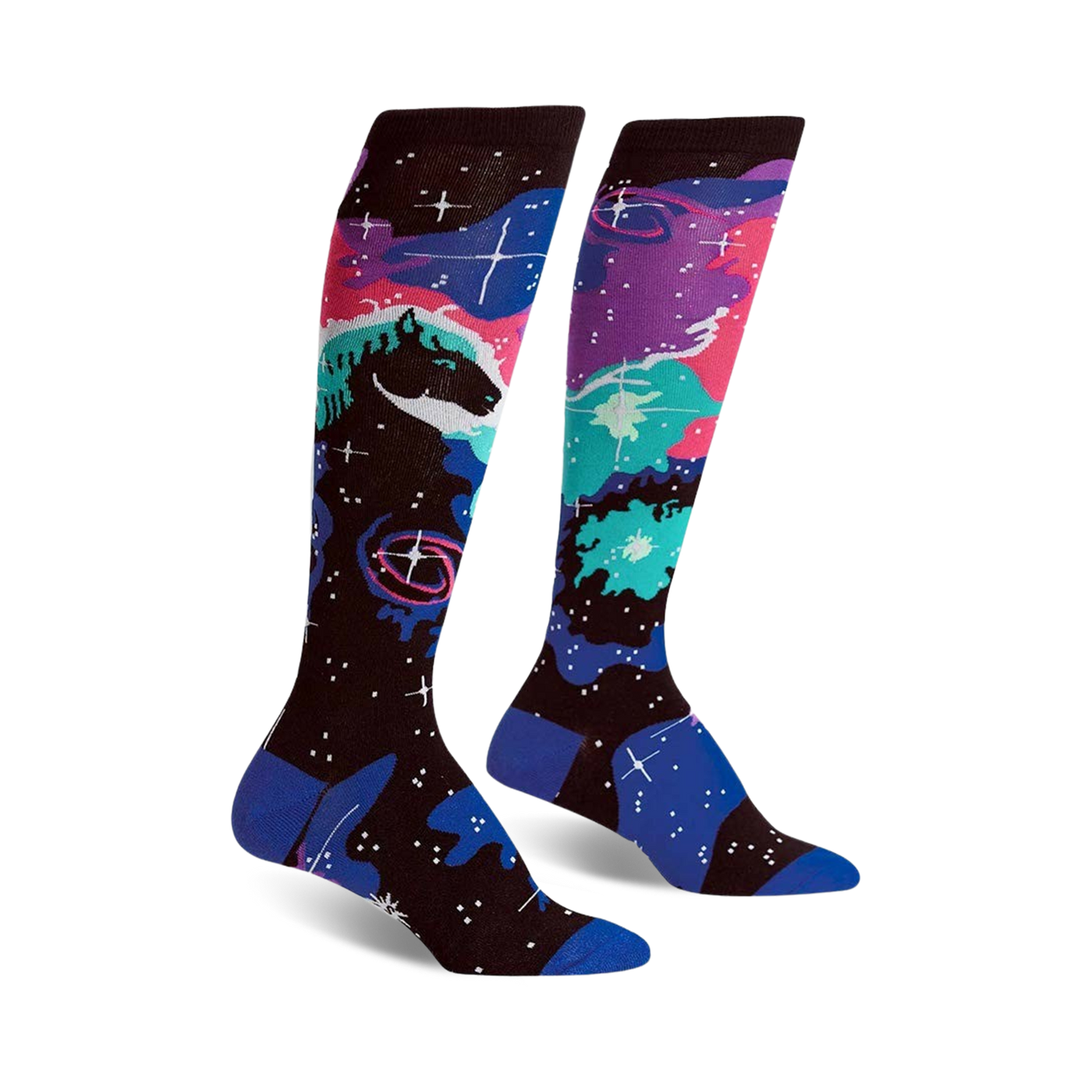 Pair of knee-high socks in black, blue, purple, and teal.  The socks feature a nebula design with a horsehead silhouette and stars.