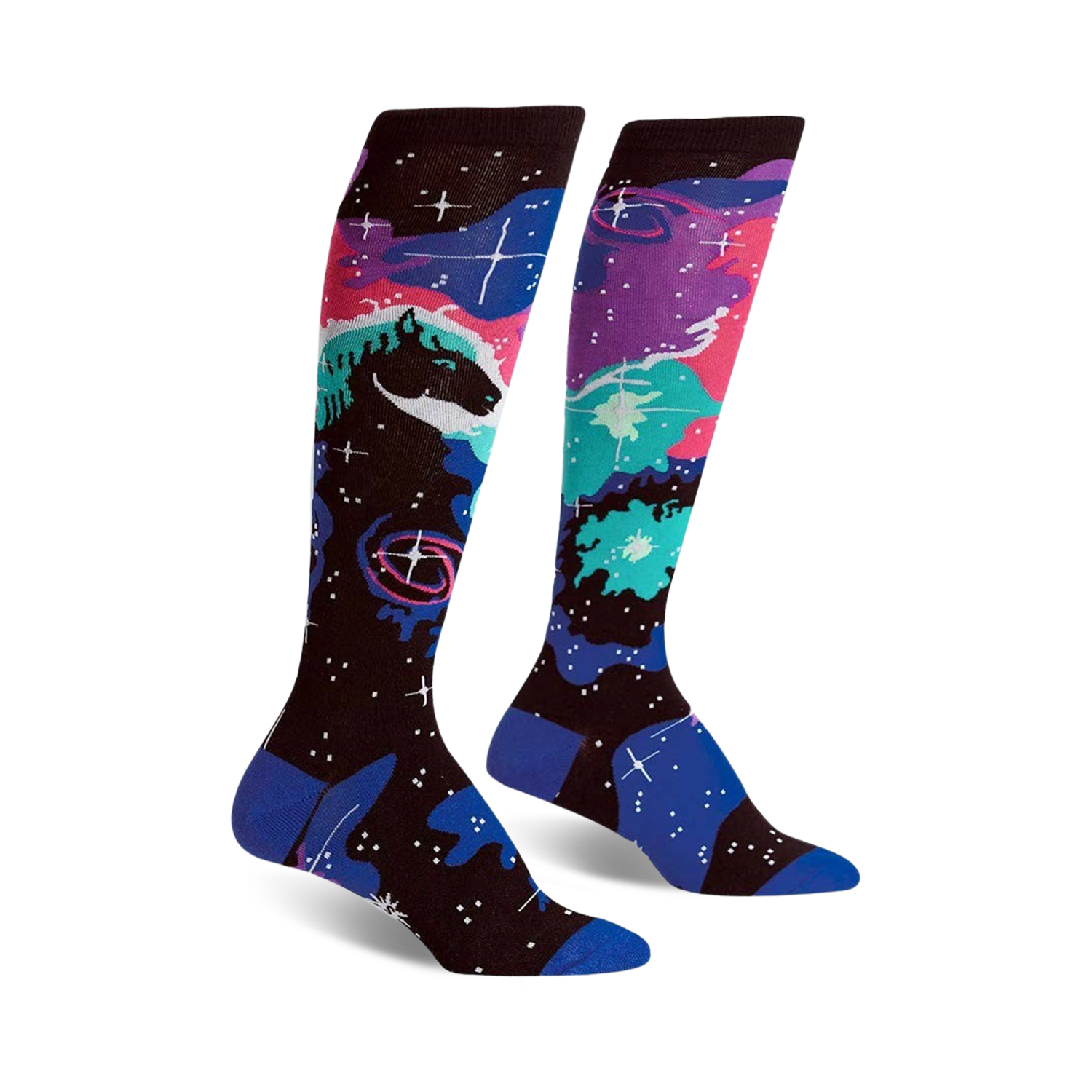 Pair of knee-high socks in black, blue, purple, and teal.  The socks feature a nebula design with a horsehead silhouette and stars.