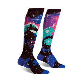 womens knee-high horsehead nebula space themed socks in dark blue with colorful nebula and horsehead-shaped patch.  