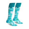 Pair of teal knee-high socks with a whimsical design of white polar bears and small green trees on a light blue background.