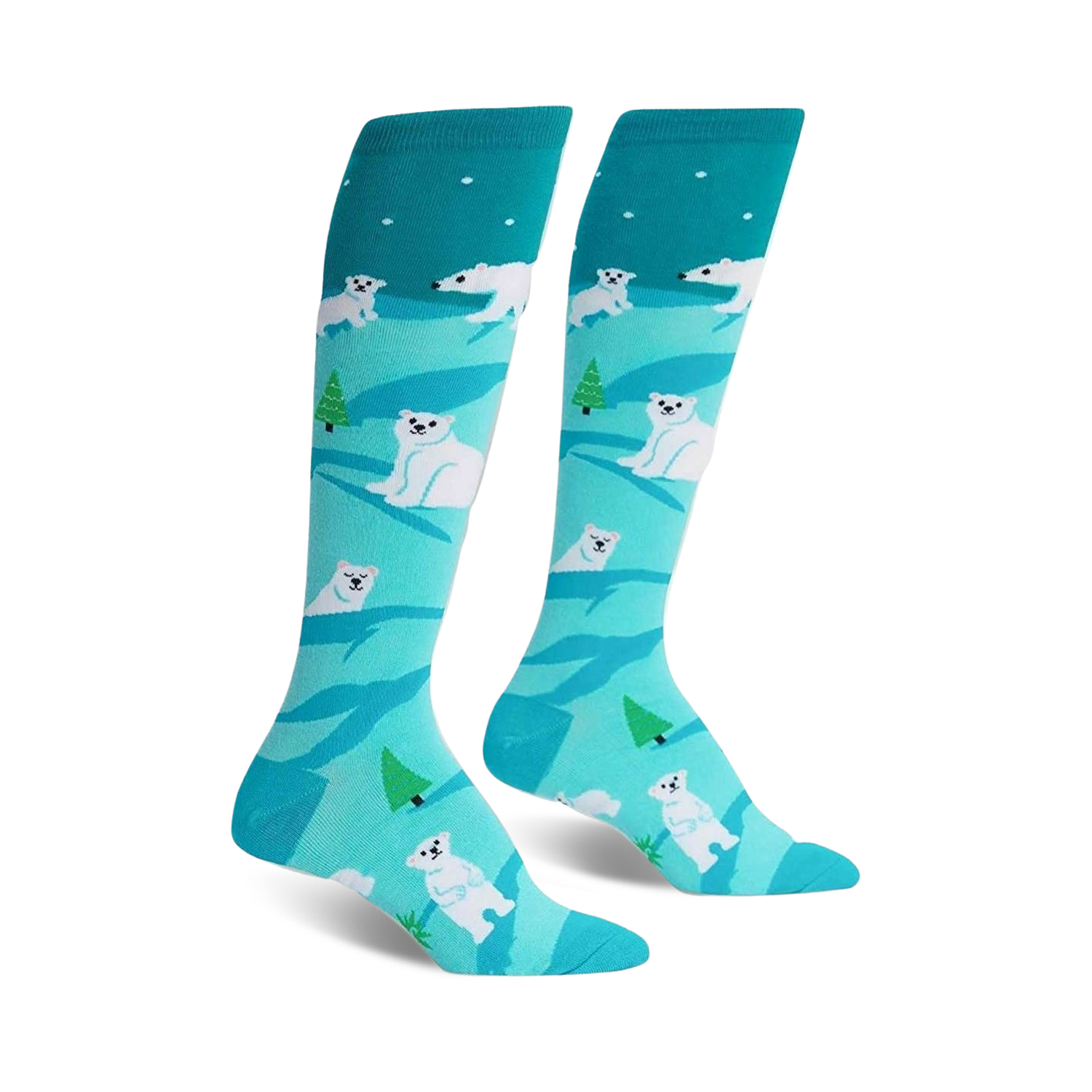 Pair of teal knee-high socks with a whimsical design of white polar bears and small green trees on a light blue background.