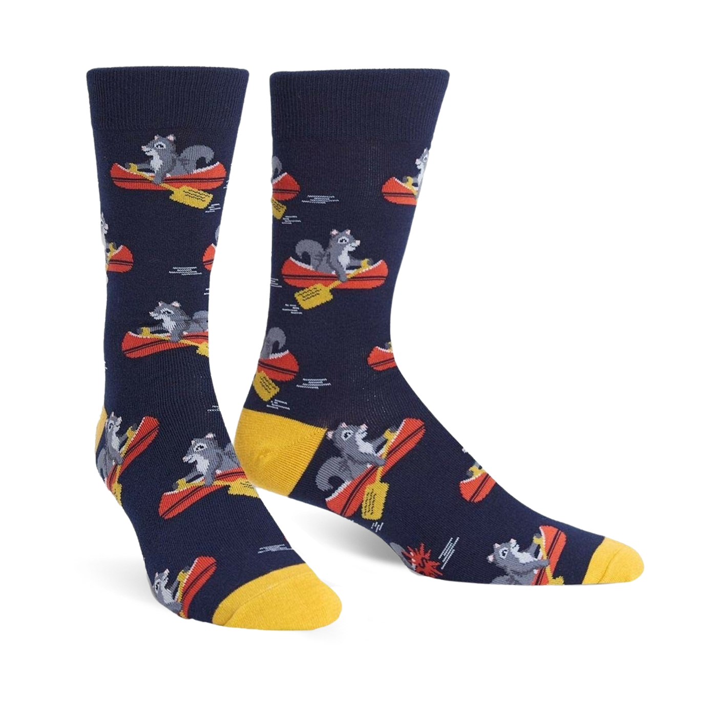 Crew socks in navy blue, featuring a repeating pattern of gray squirrels paddling red canoes. Yellow cuffs add a pop of color.