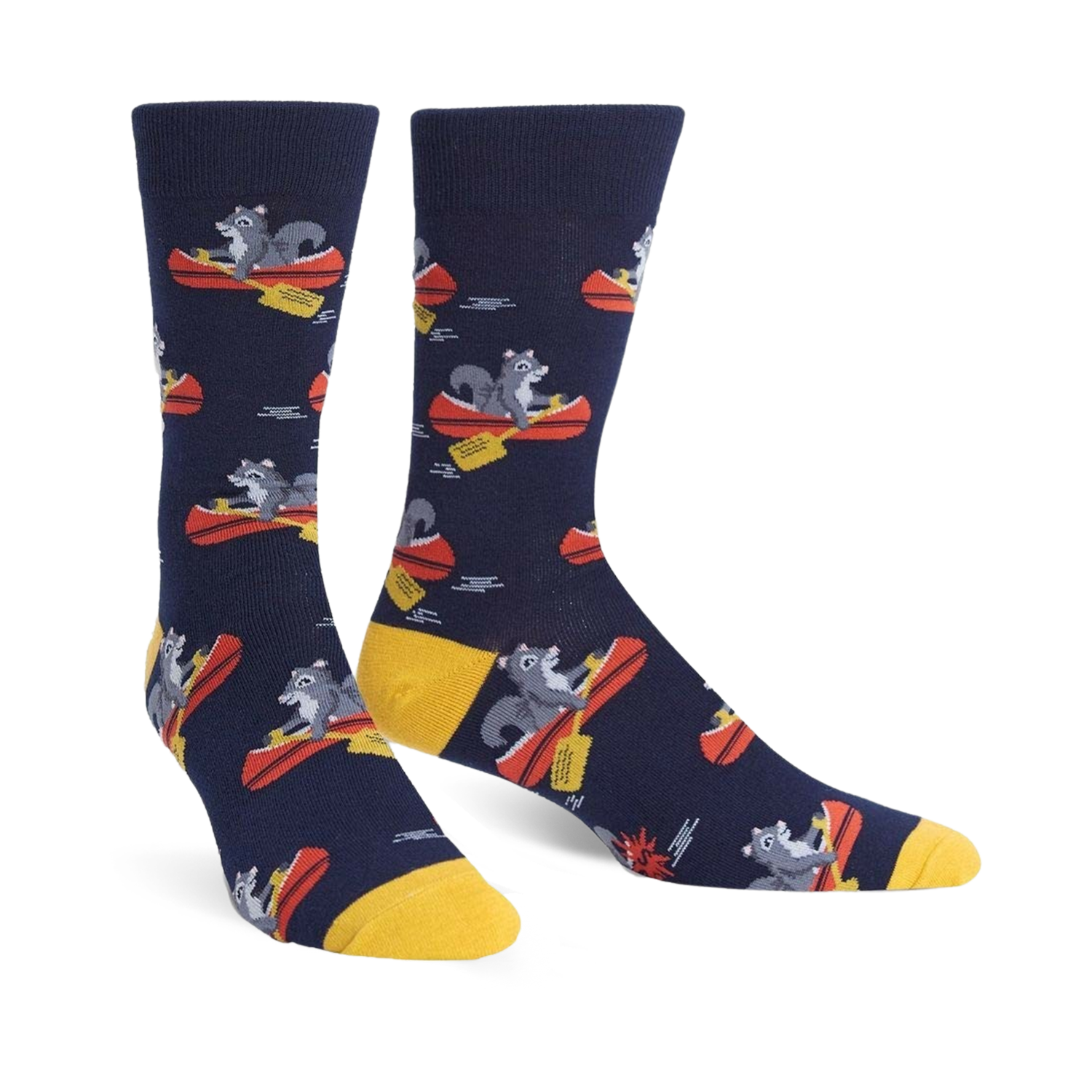 Crew socks in navy blue, featuring a repeating pattern of gray squirrels paddling red canoes. Yellow cuffs add a pop of color.