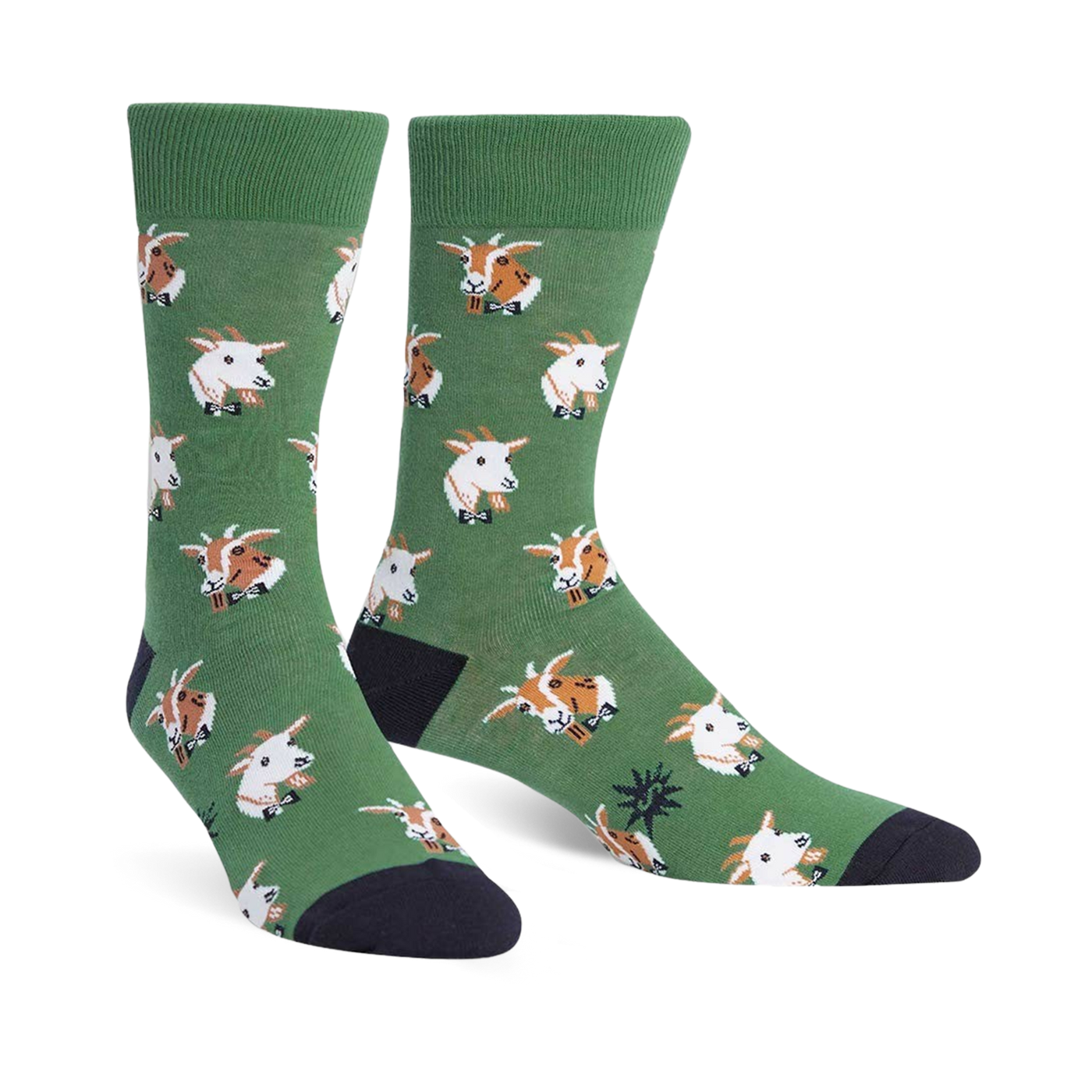 A pair of green crew socks with a repeating pattern of goats wearing bow ties. The goats are light brown and white.