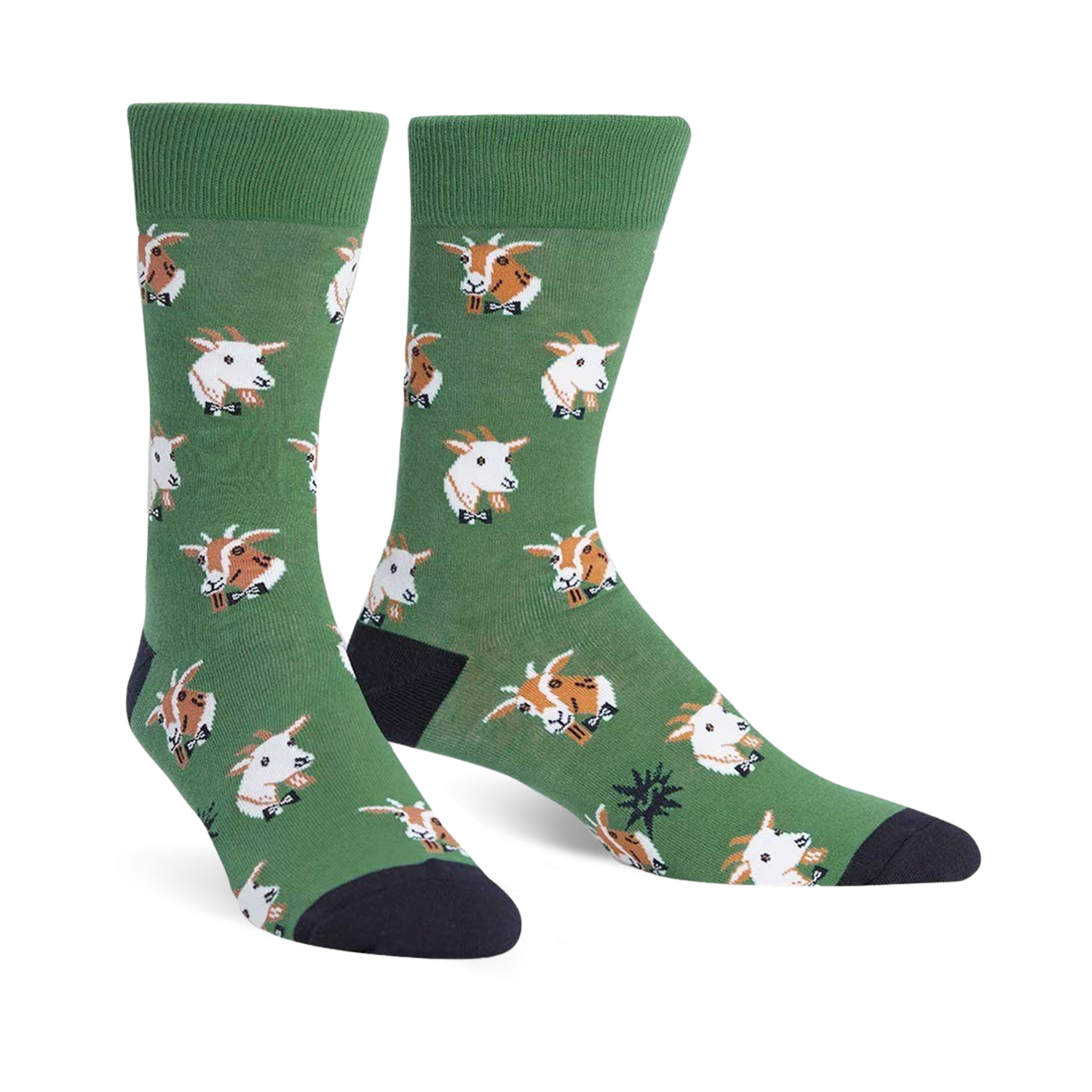 A pair of green crew socks with a repeating pattern of goats wearing bow ties. The goats are light brown and white.