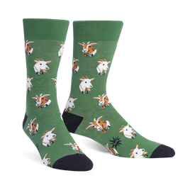 dark green crew socks with cartoon goats in monocles for men.   
