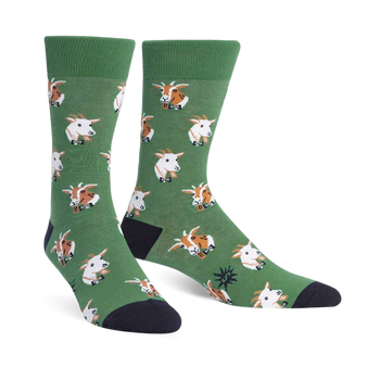 dark green crew socks with cartoon goats in monocles for men.   