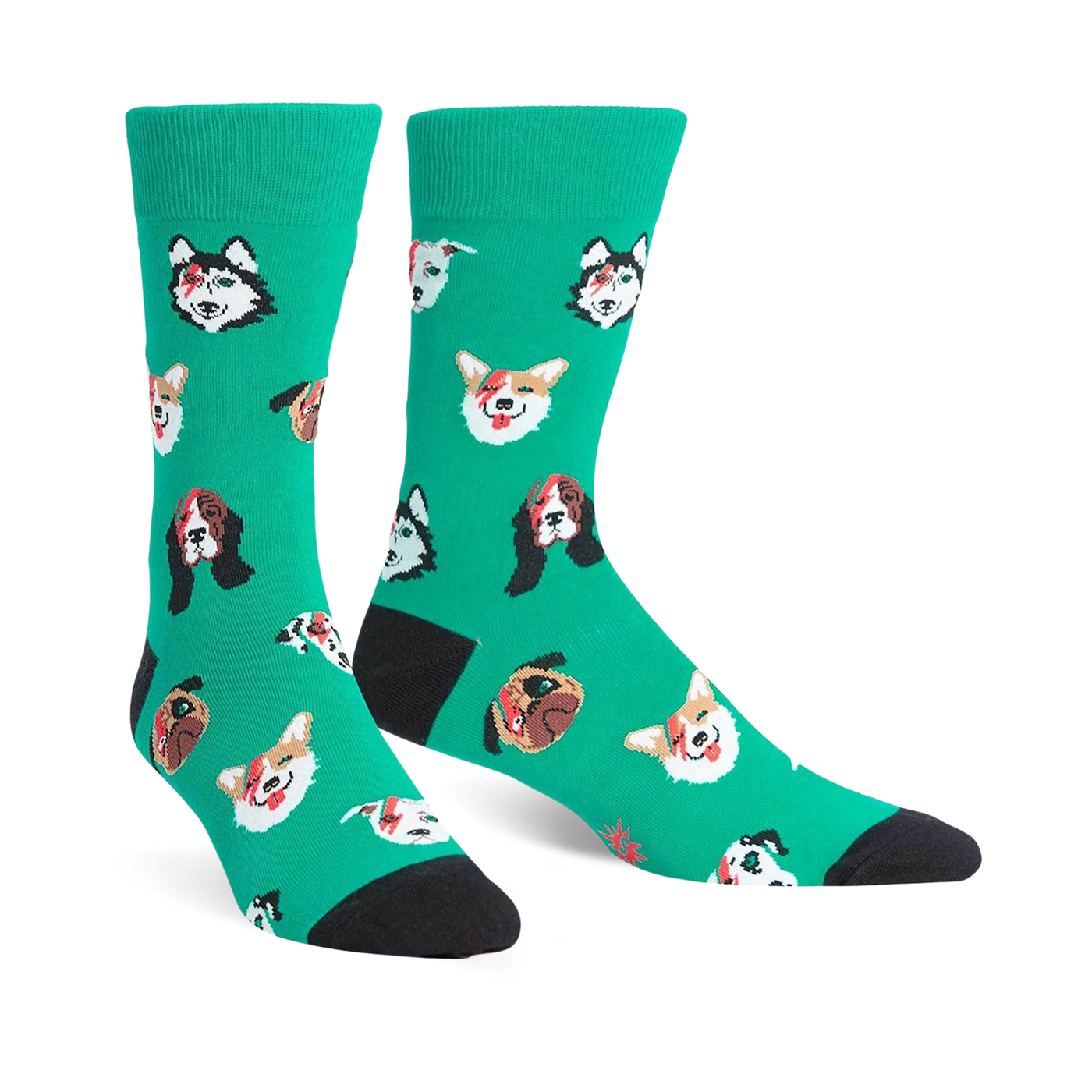 Crew socks in teal with an all-over print of dogs' faces.  The dogs are pugs, huskies, and corgis with a rock and roll theme.