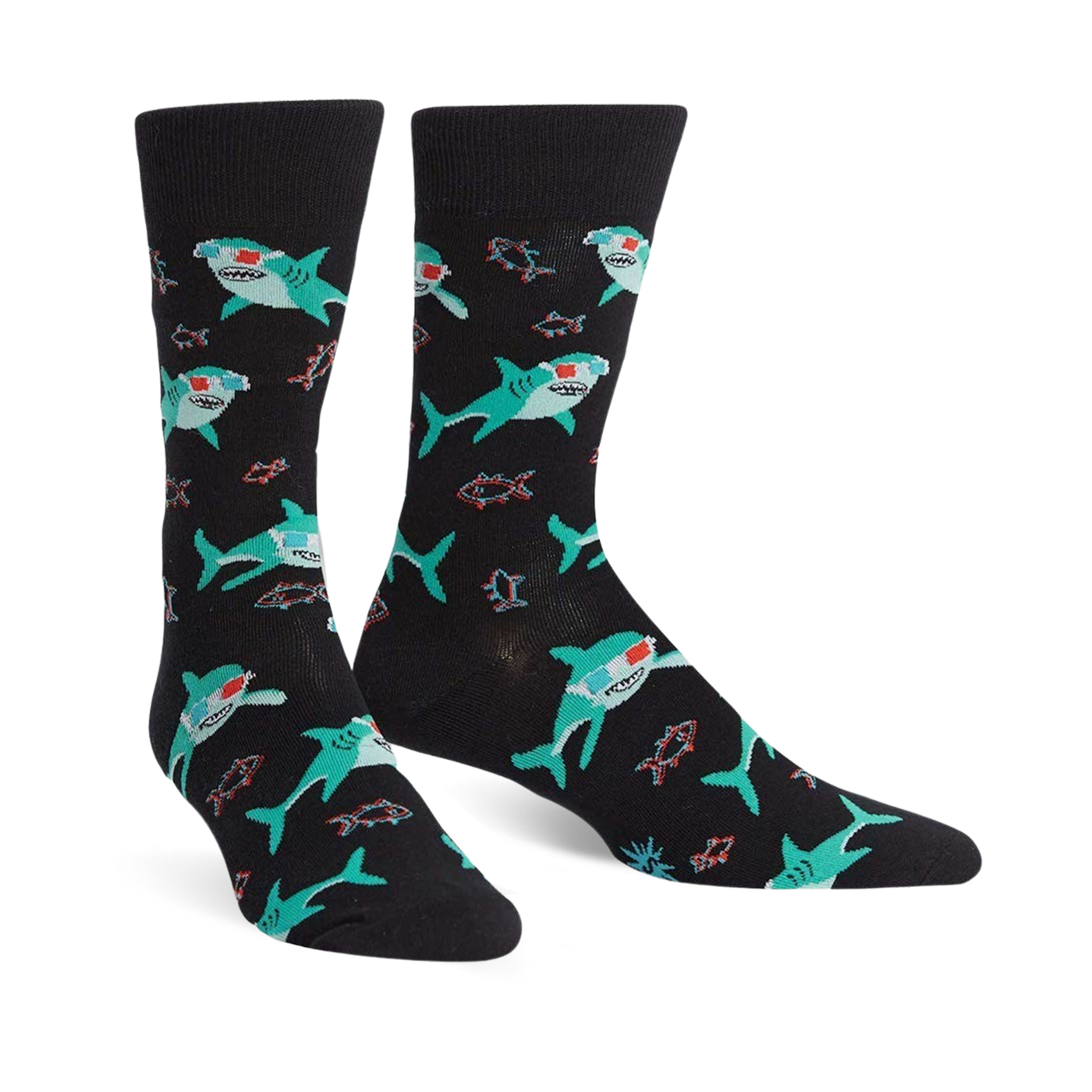 Pair of black crew socks with teal sharks wearing 3D glasses and small red fish. 
