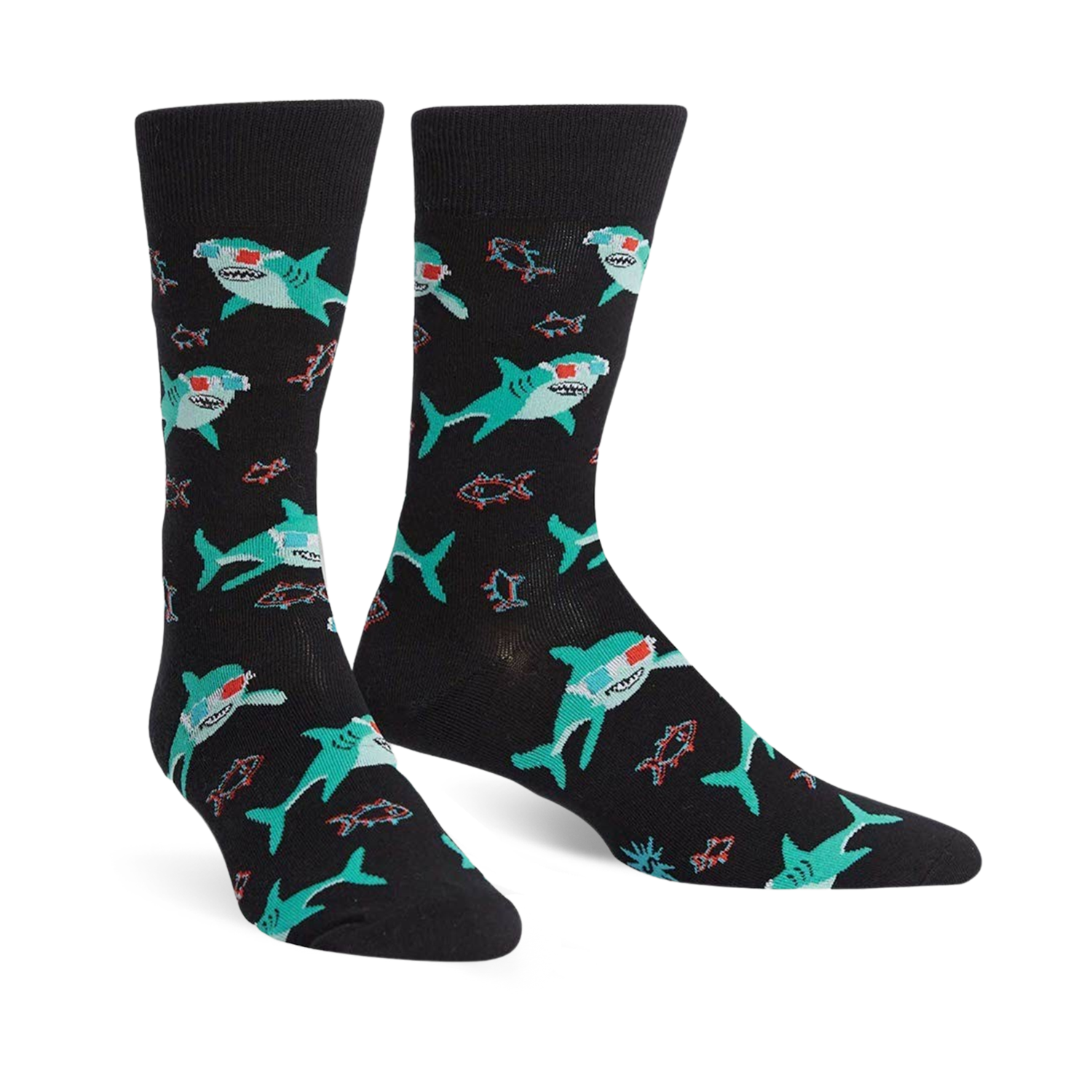 Pair of black crew socks with teal sharks wearing 3D glasses and small red fish. 