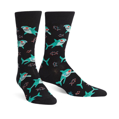 black crew socks with cartoon sharks in 3d glasses, swimming in a sea of fish.   