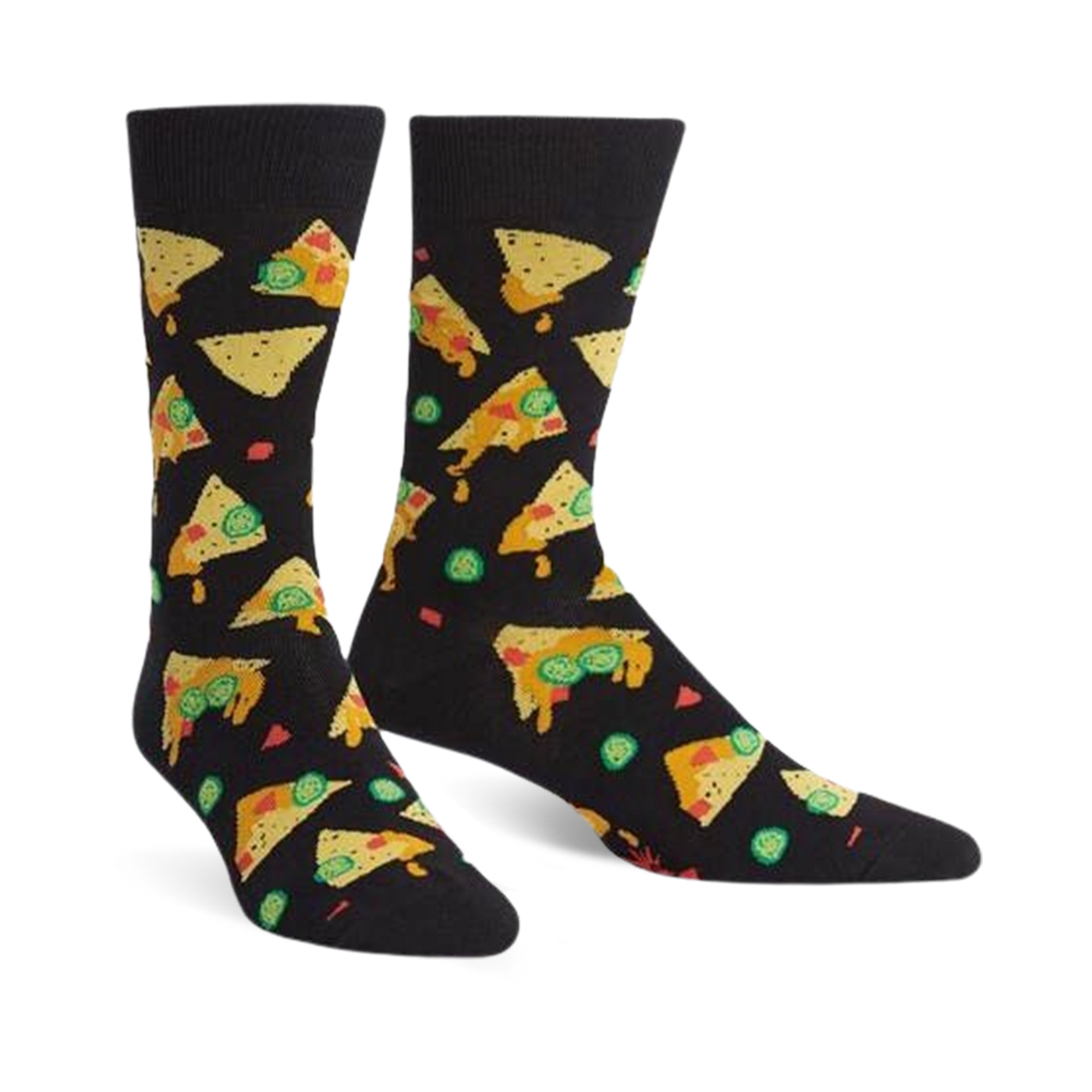 A pair of black crew socks with a fun nacho-themed design. The nachos are yellow, orange, and green, and there are also scattered jalapenos.