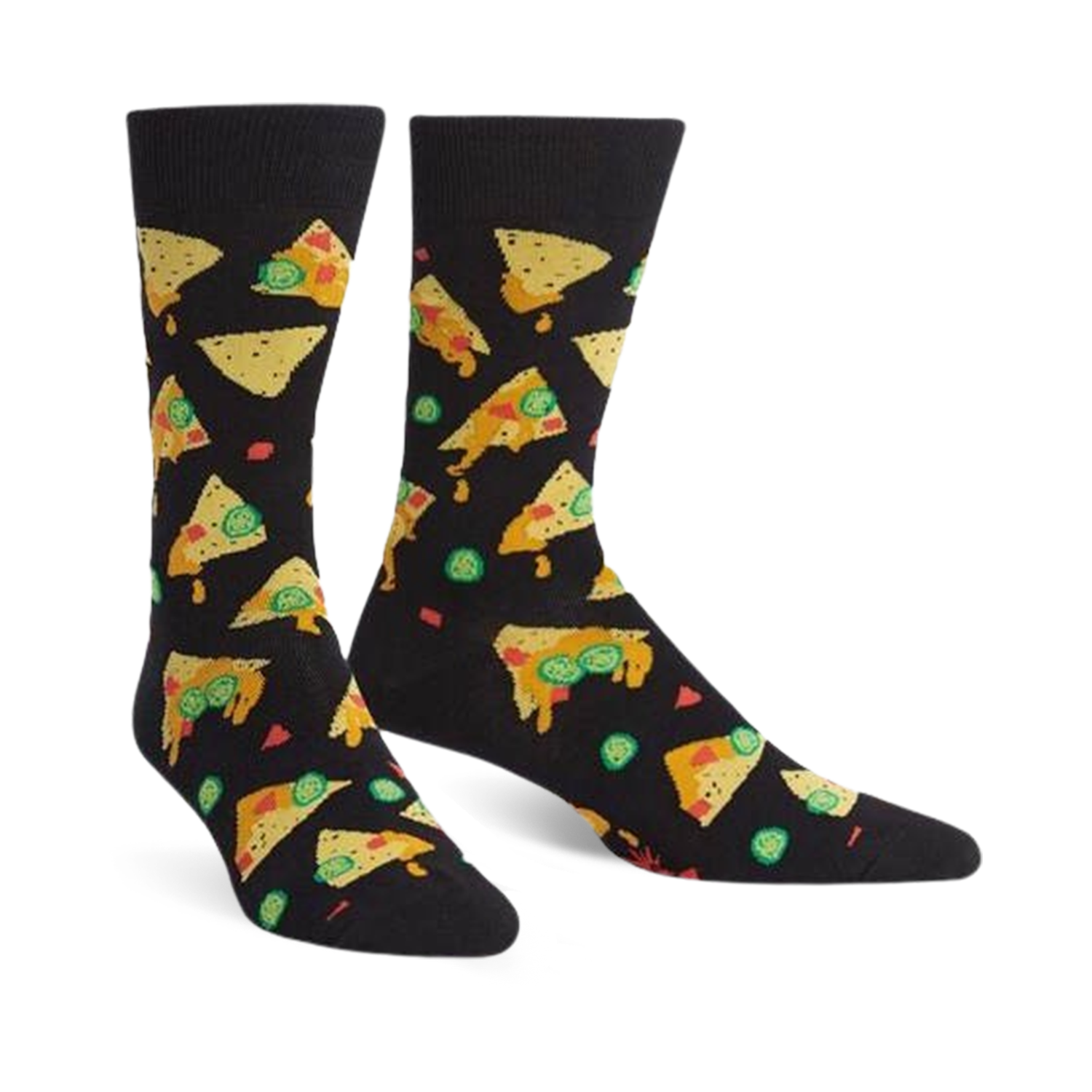 A pair of black crew socks with a fun nacho-themed design. The nachos are yellow, orange, and green, and there are also scattered jalapenos.