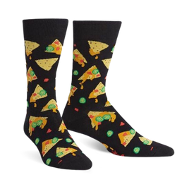 black crew socks with yellow and red triangles and green circles in a nacho pattern and a red border.  