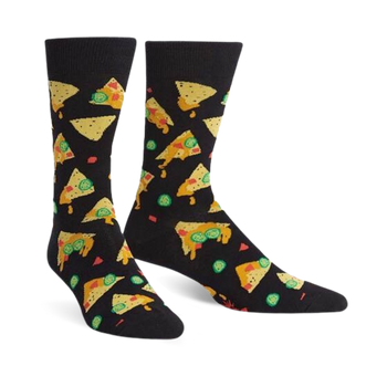 A pair of black crew socks with a fun nacho-themed design. The nachos are yellow, orange, and green, and there are also scattered jalapenos.