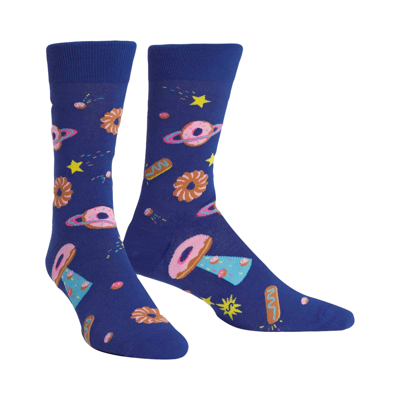 Pair of crew socks. Deep blue background with a pattern of donut-shaped planets, stars, and other space pastries in pink, brown, and light blue.