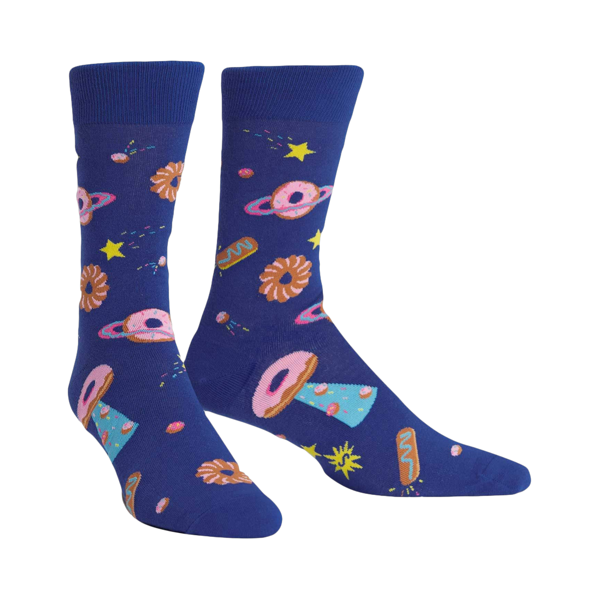 Pair of crew socks. Deep blue background with a pattern of donut-shaped planets, stars, and other space pastries in pink, brown, and light blue.