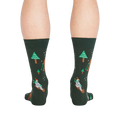 Rear view of the 'Ready, Yeti, Go!' socks showcasing the full design detail on a dark green background. 