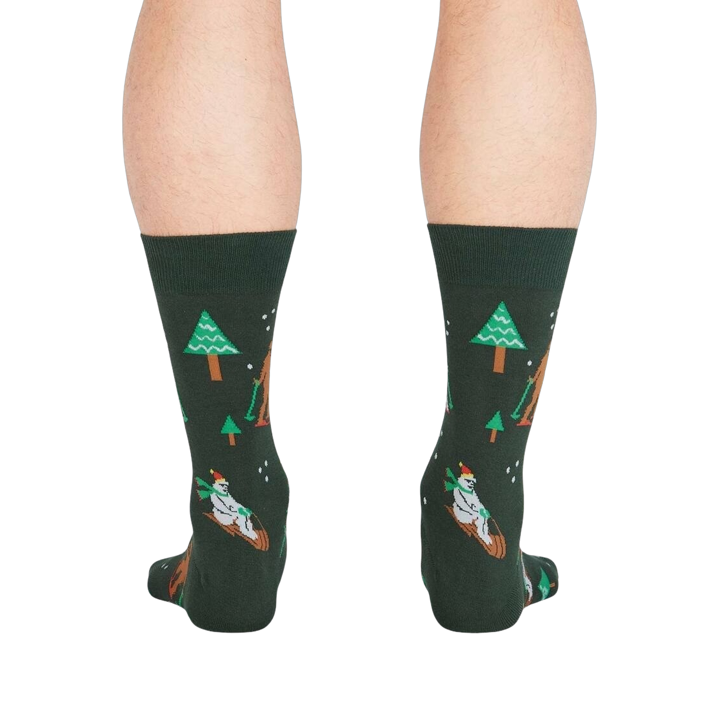 Rear view of the 'Ready, Yeti, Go!' socks showcasing the full design detail on a dark green background. 