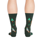 Rear view of the 'Ready, Yeti, Go!' socks showcasing the full design detail on a dark green background. 