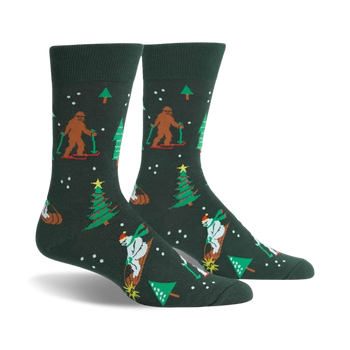 dark green crew socks featuring skiing bigfoot pattern. ideal for men.  