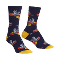Crew socks in navy blue and mustard yellow, featuring a repeating pattern of squirrels paddling red canoes.
