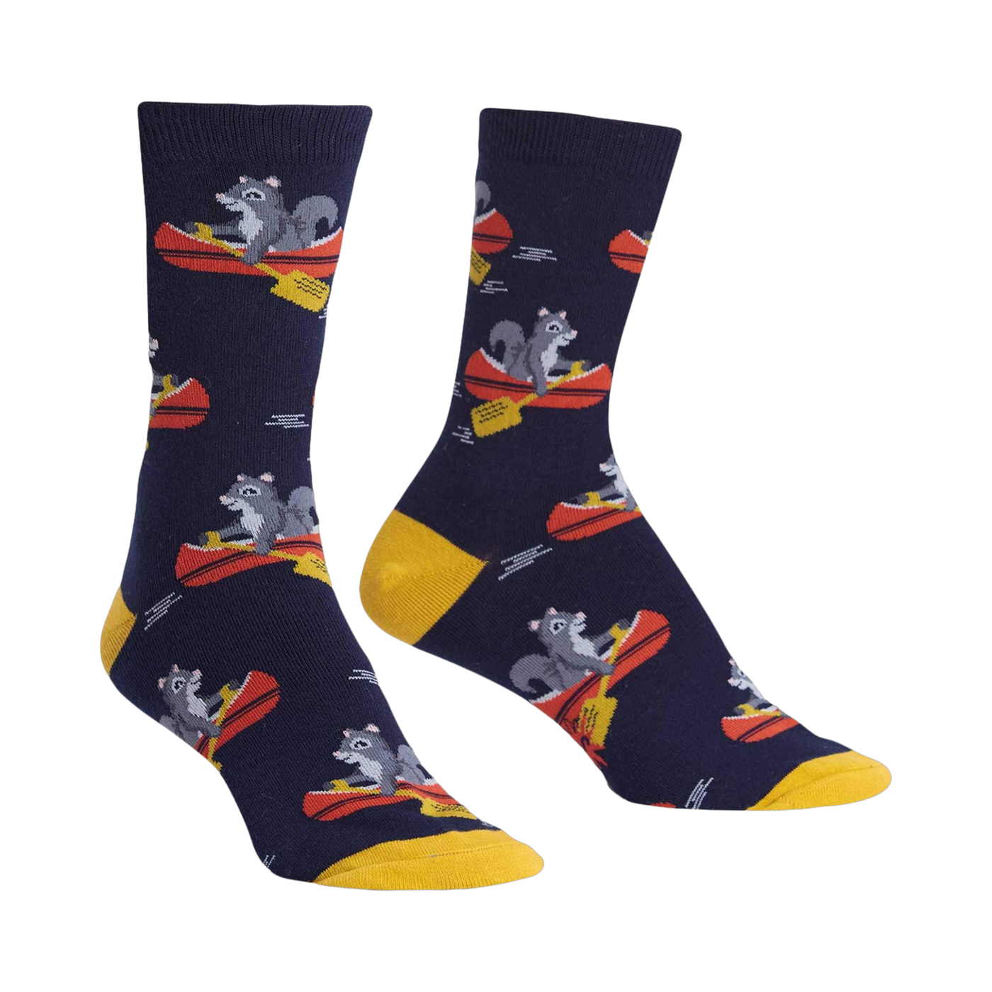 Crew socks in navy blue and mustard yellow, featuring a repeating pattern of squirrels paddling red canoes.