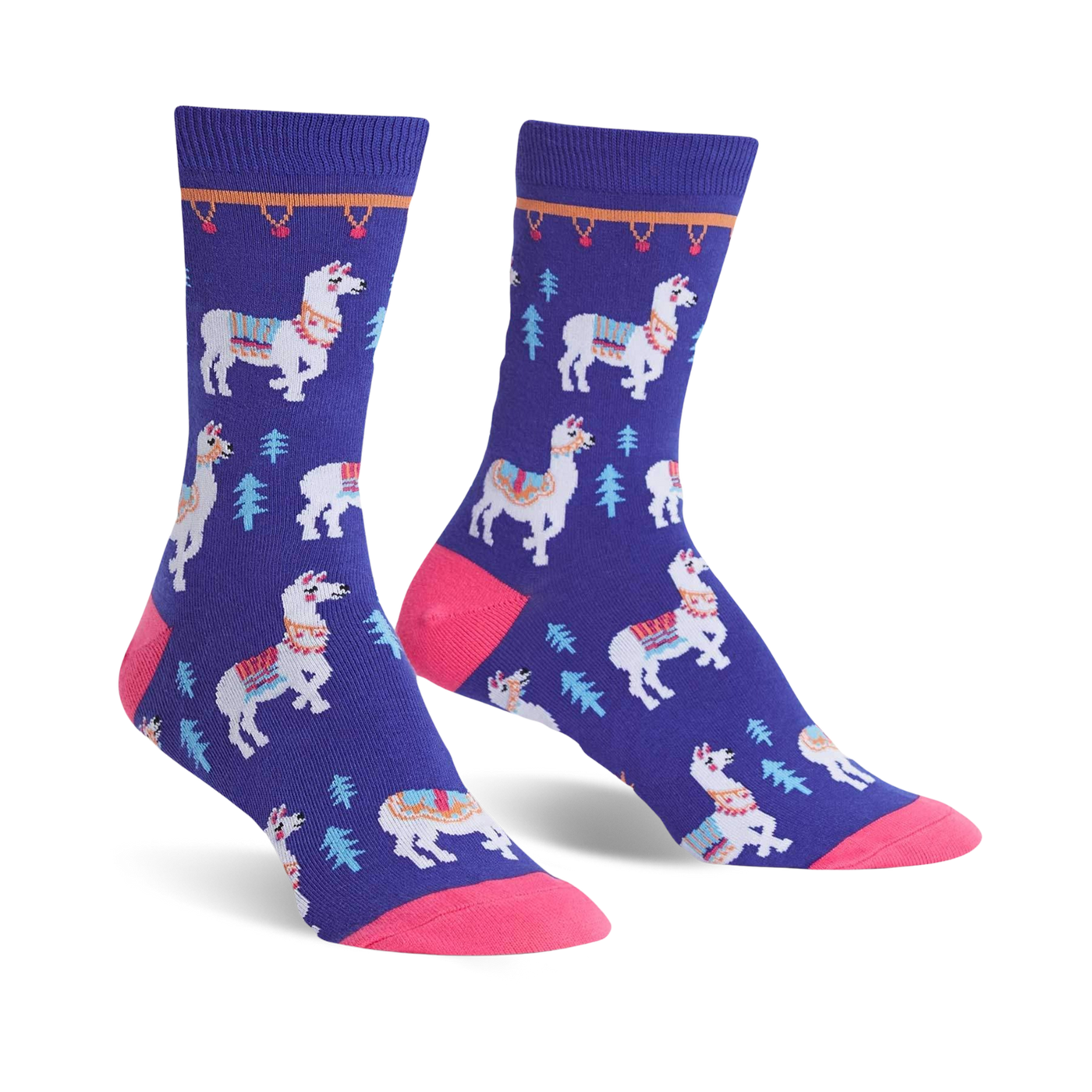 Pair of purple crew socks featuring white llamas with colorful saddles and small green trees. Pink toe and cuff detail.