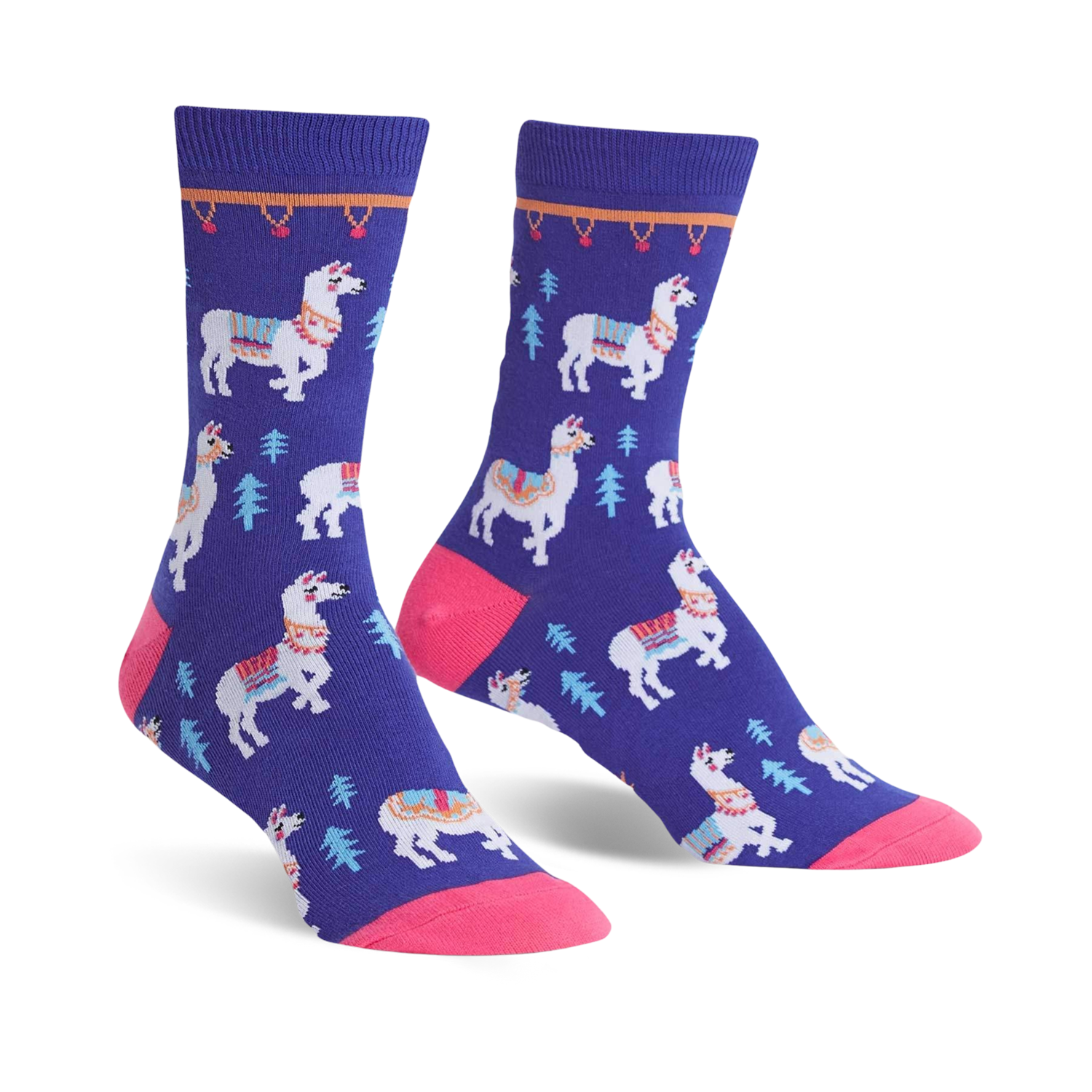 Pair of purple crew socks featuring white llamas with colorful saddles and small green trees. Pink toe and cuff detail.