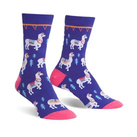purple crew socks with white llamas, blue, yellow, and red details, green pine trees, brown trunks, and pink toes and heels.   