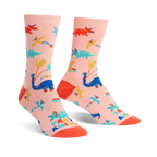 Crew socks in pink featuring colorful dinosaurs, balloons, and party hats. Fun, playful design.
