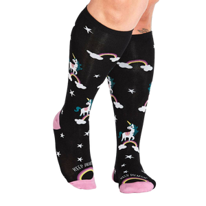 Close-up studio shot of the 'Keep Dreamin'' knee-high socks from the front, highlighting the color and pattern details.