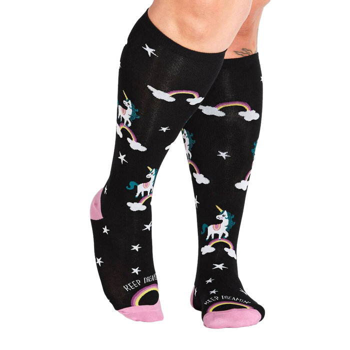 Close-up studio shot of the 'Keep Dreamin'' knee-high socks from the front, highlighting the color and pattern details.