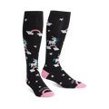 Pair of black knee-high socks with unicorns, rainbows, and stars. Pink accents on the cuffs. Fun and whimsical design.