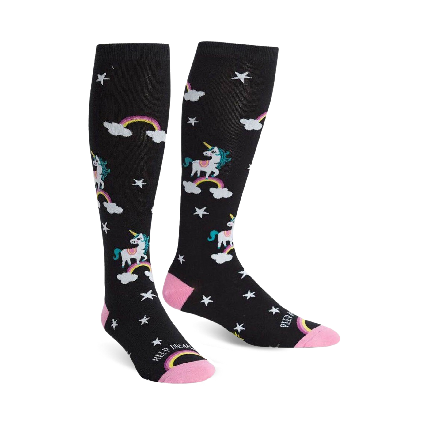 Pair of black knee-high socks with unicorns, rainbows, and stars. Pink accents on the cuffs. Fun and whimsical design.