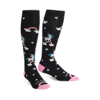 Pair of black knee-high socks with unicorns, rainbows, and stars. Pink accents on the cuffs. Fun and whimsical design.