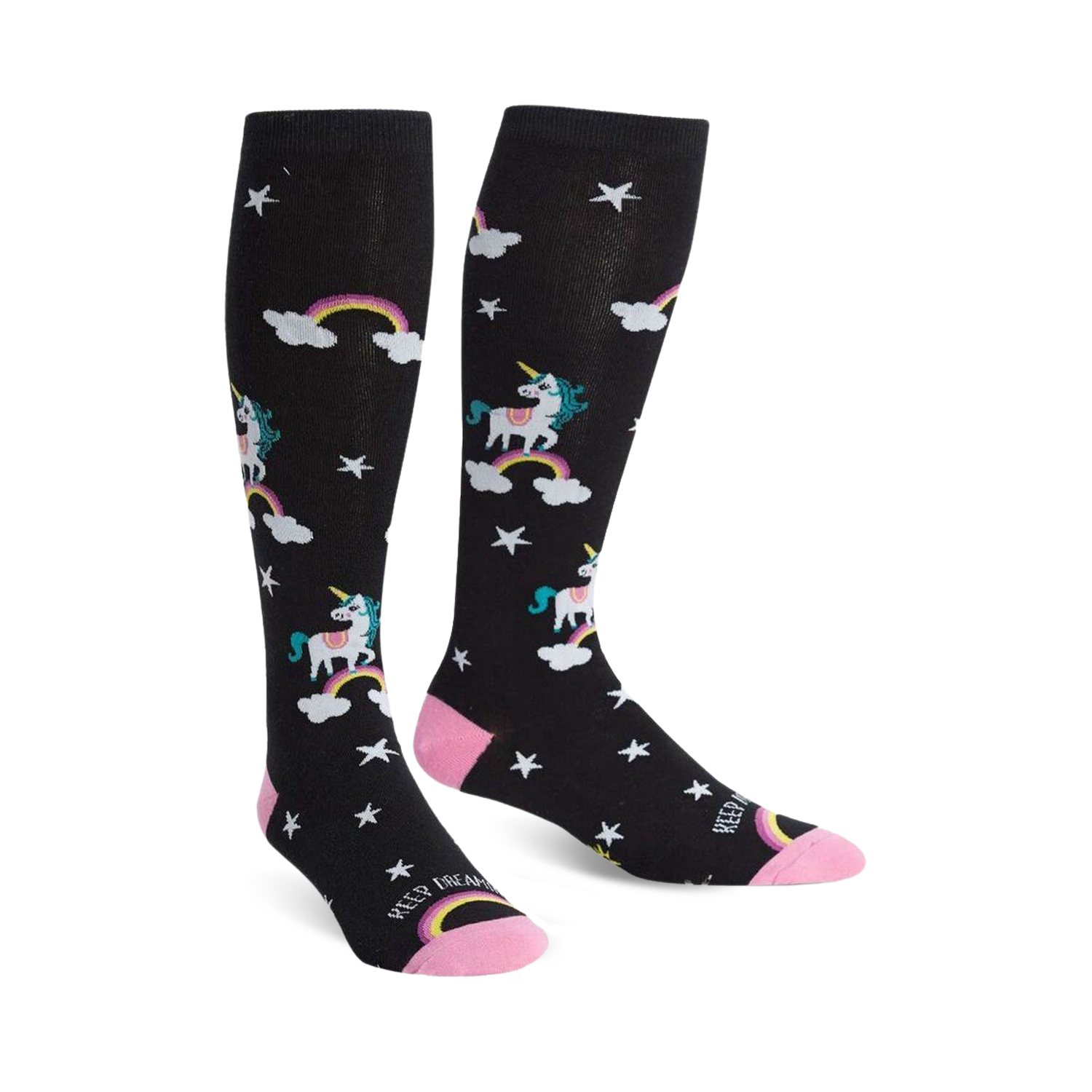 Pair of black knee-high socks with unicorns, rainbows, and stars. Pink accents on the cuffs. Fun and whimsical design.