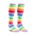 Pair of rainbow striped knee-high socks.  Colors include lavender, red, orange, yellow, green, light blue.  Fun and colorful.