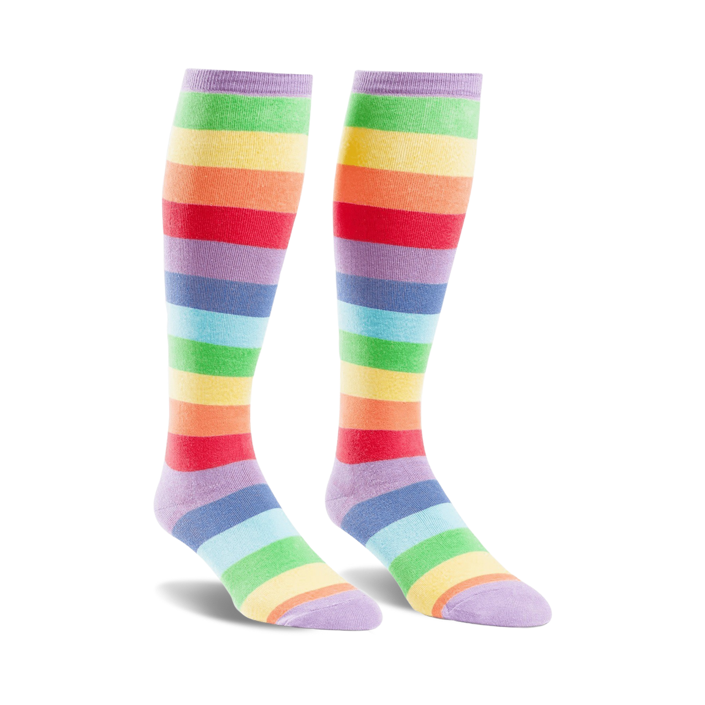 Pair of rainbow striped knee-high socks.  Colors include lavender, red, orange, yellow, green, light blue.  Fun and colorful.
