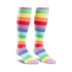Pair of rainbow striped knee-high socks.  Colors include lavender, red, orange, yellow, green, light blue.  Fun and colorful.