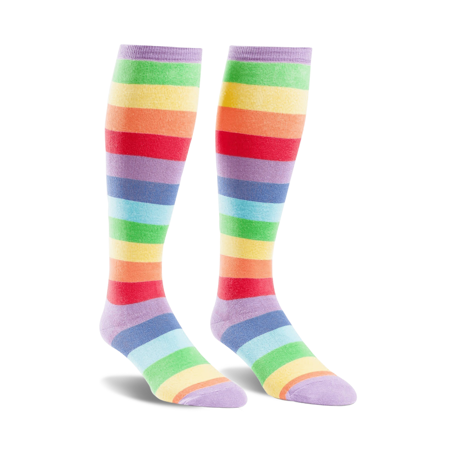 Pair of rainbow striped knee-high socks.  Colors include lavender, red, orange, yellow, green, light blue.  Fun and colorful.