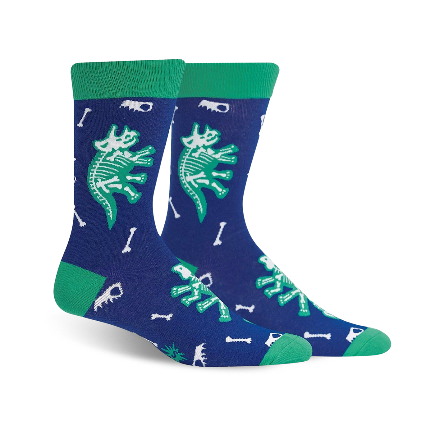 Crew socks in navy blue and teal green, featuring glow-in-the-dark dinosaur skeletons and bones. Fun and quirky design.