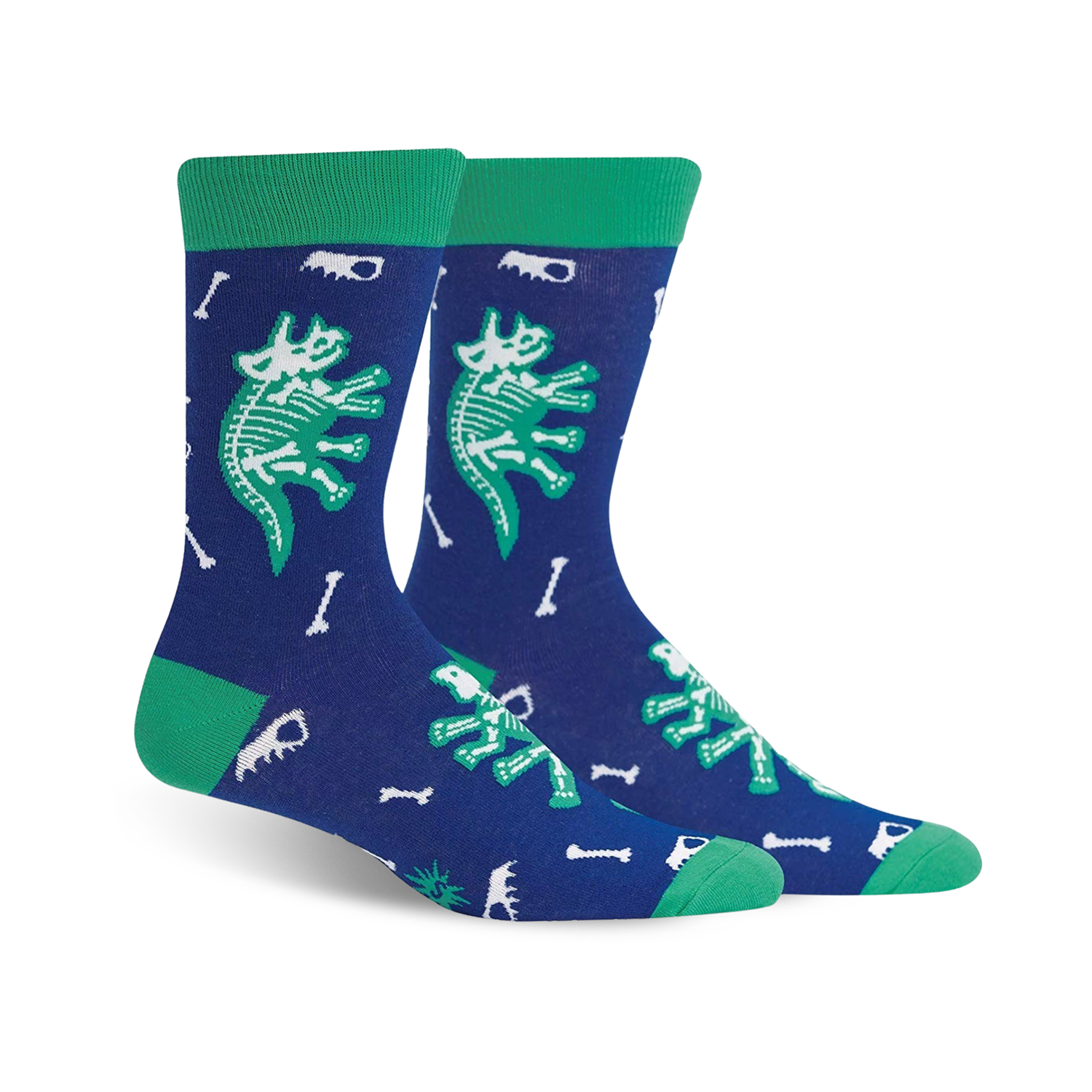 Crew socks in navy blue and teal green, featuring glow-in-the-dark dinosaur skeletons and bones. Fun and quirky design.