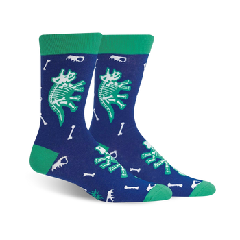 mens dinosaur skeleton glow in the dark crew socks, dark blue, green toes and cuffs.   