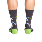 Rear view of the 'Laboratory' socks, highlighting the full design and lime green cuffs.