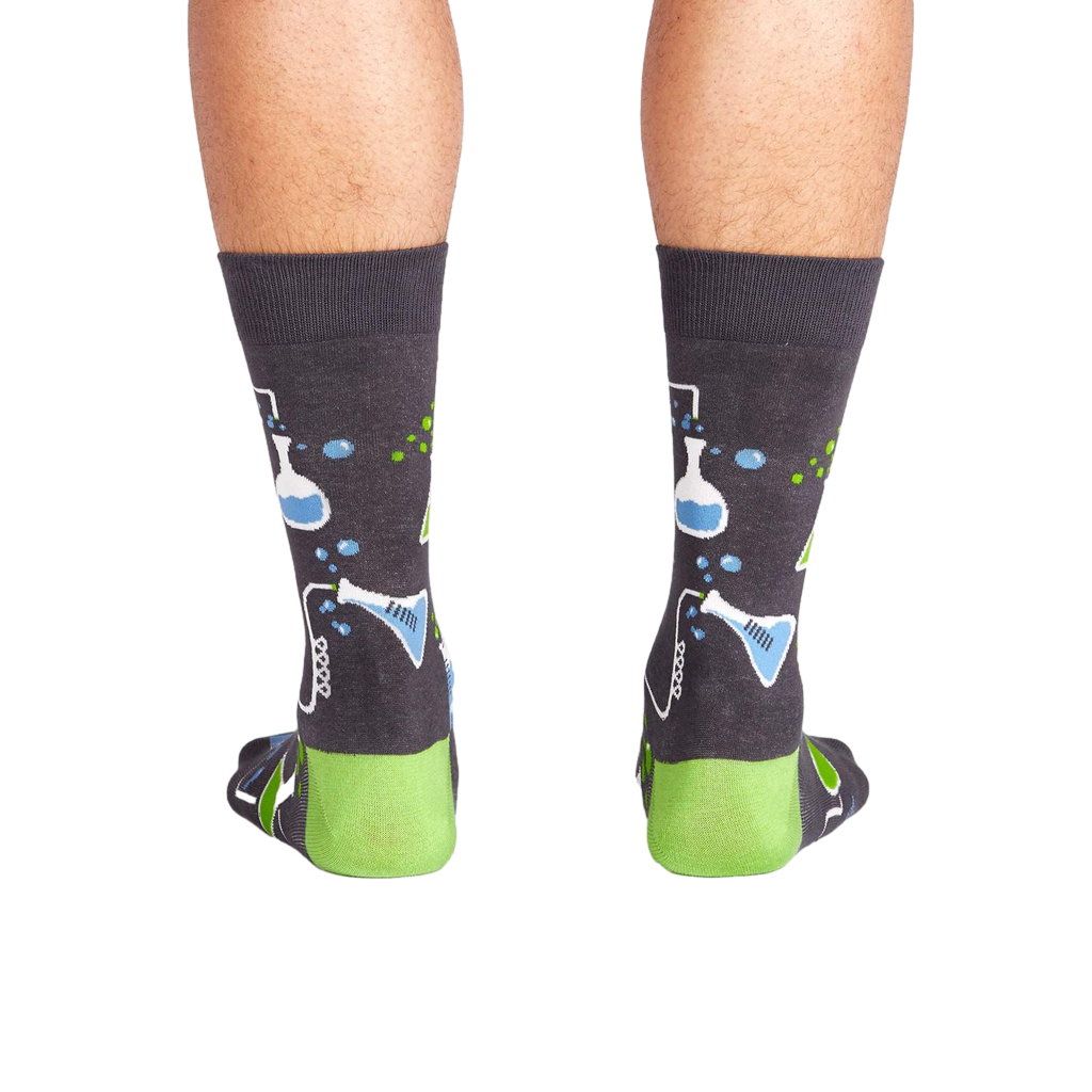 Rear view of the 'Laboratory' socks, highlighting the full design and lime green cuffs.