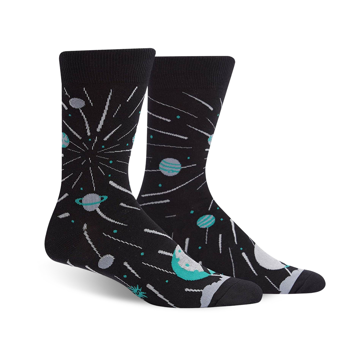 A pair of black crew socks with teal planets, shooting stars, and a celestial design.