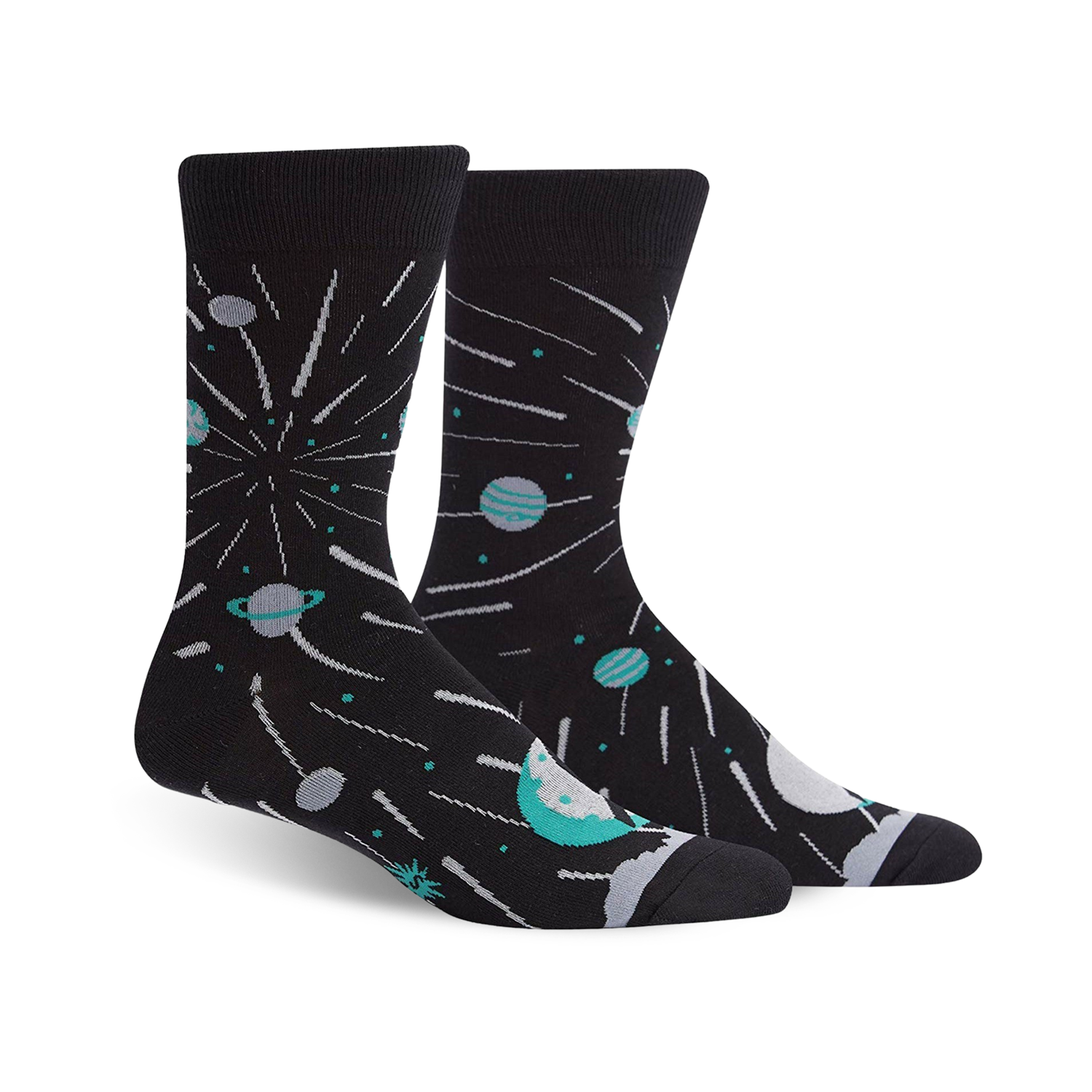 A pair of black crew socks with teal planets, shooting stars, and a celestial design.