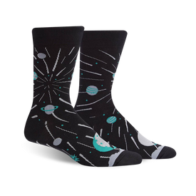 black crew socks for men with a pattern of planets, moons, stars, and comets, called speed of feet.  