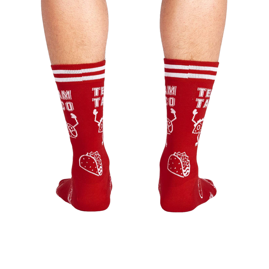Rear view of a person wearing the red 'Team Taco' crew socks.
